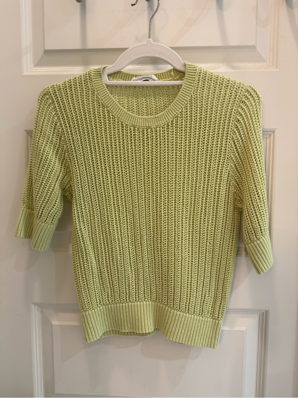 Double Zero Lime Green Short Sleeve Open Knit Crewneck Sweater